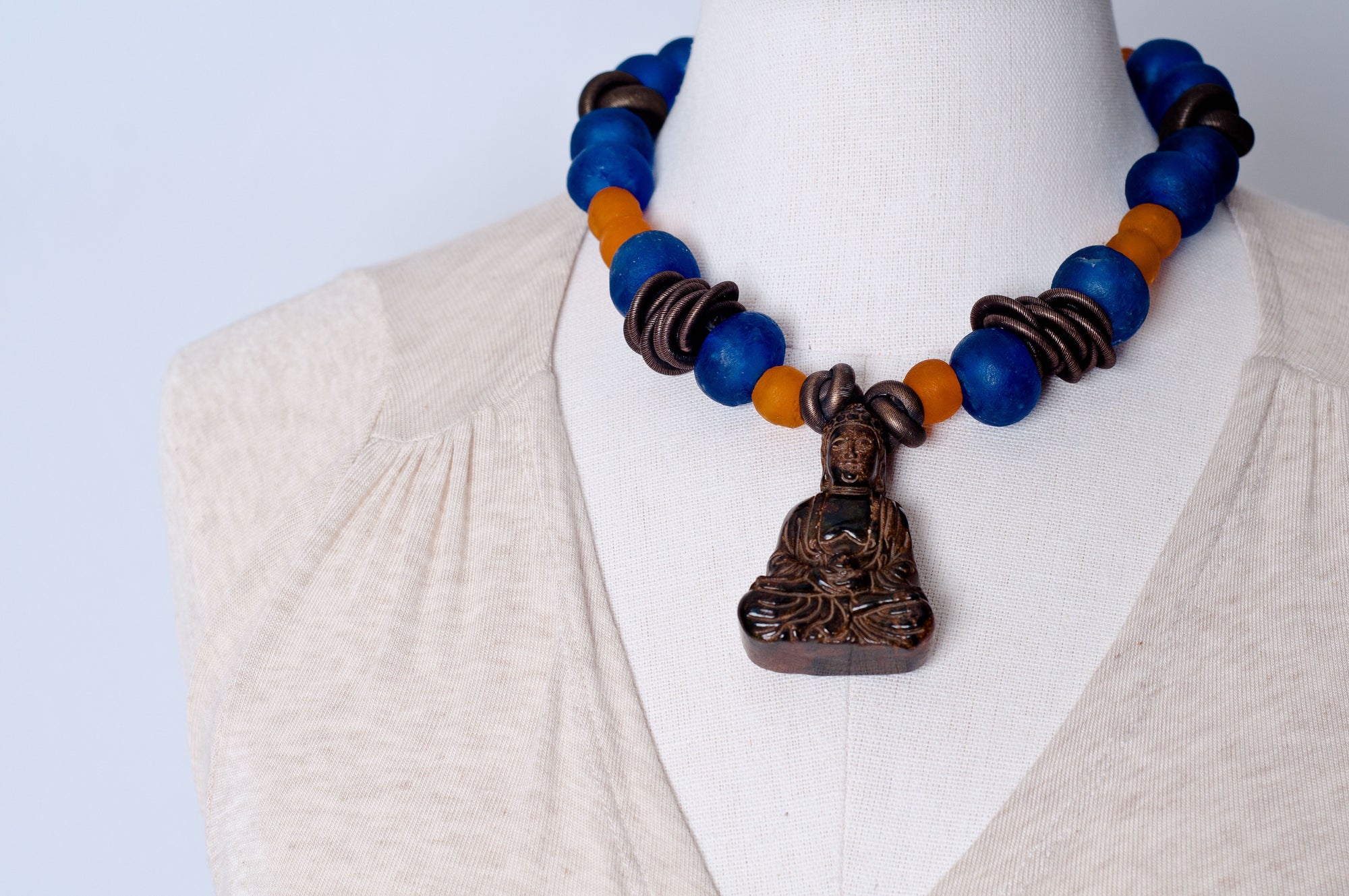 Jade Buddha trade beads necklace. Cristina Tamames Jewelry Designer