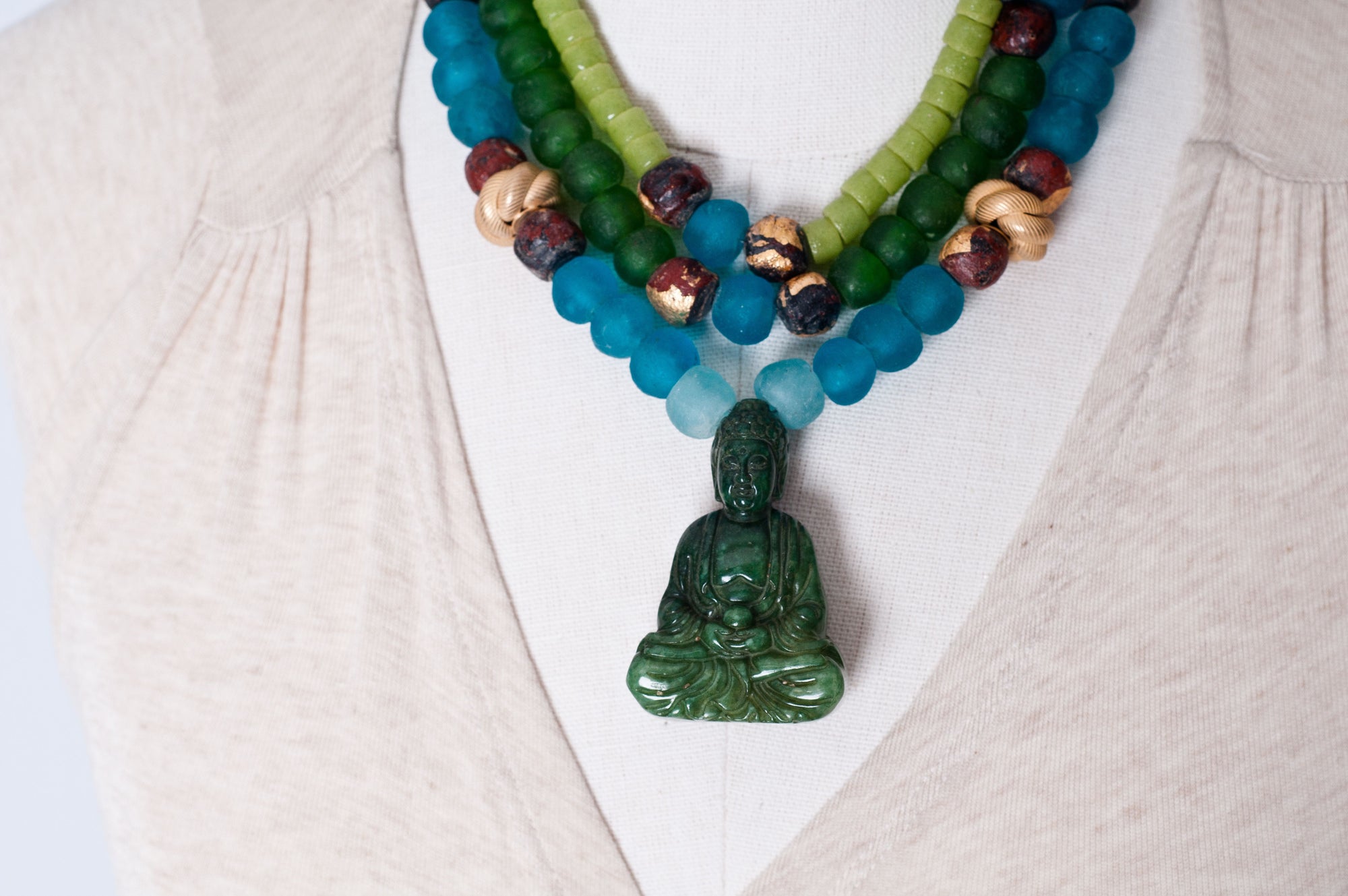 Jade Buddha nepalese mala beads silver necklace. Cristina Tamames Jewelry Designer