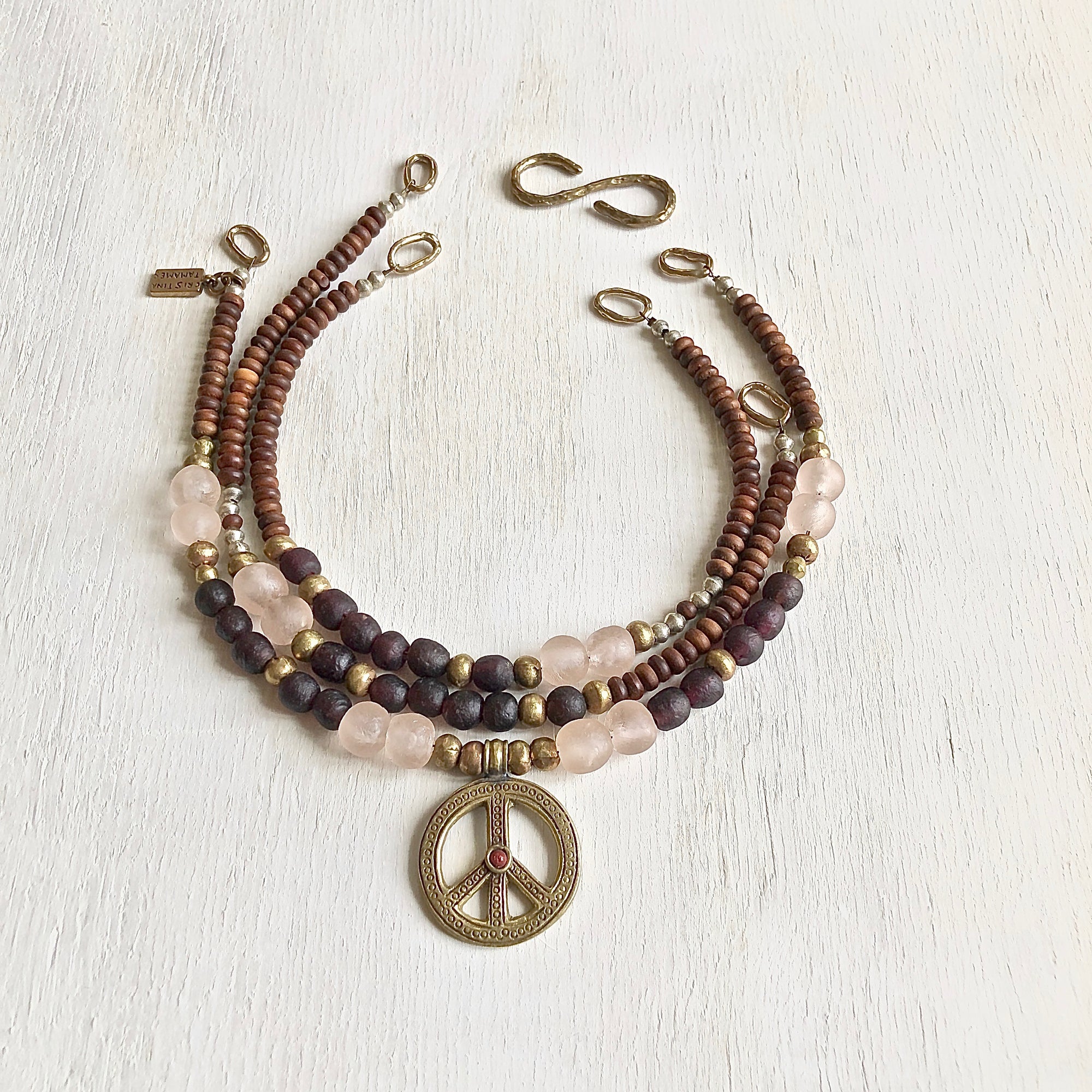 African recycled bottle beads peace necklace. Cristina Tamames Jewelry Designer