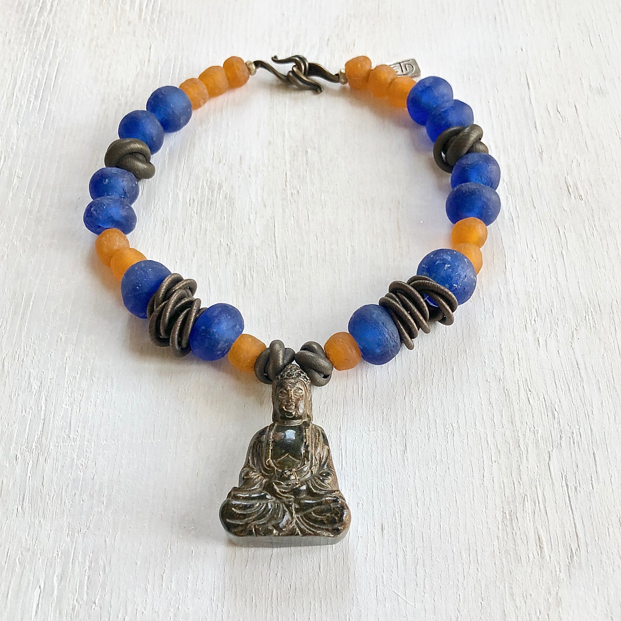Jade Buddha trade beads necklace. Cristina Tamames Jewelry Designer