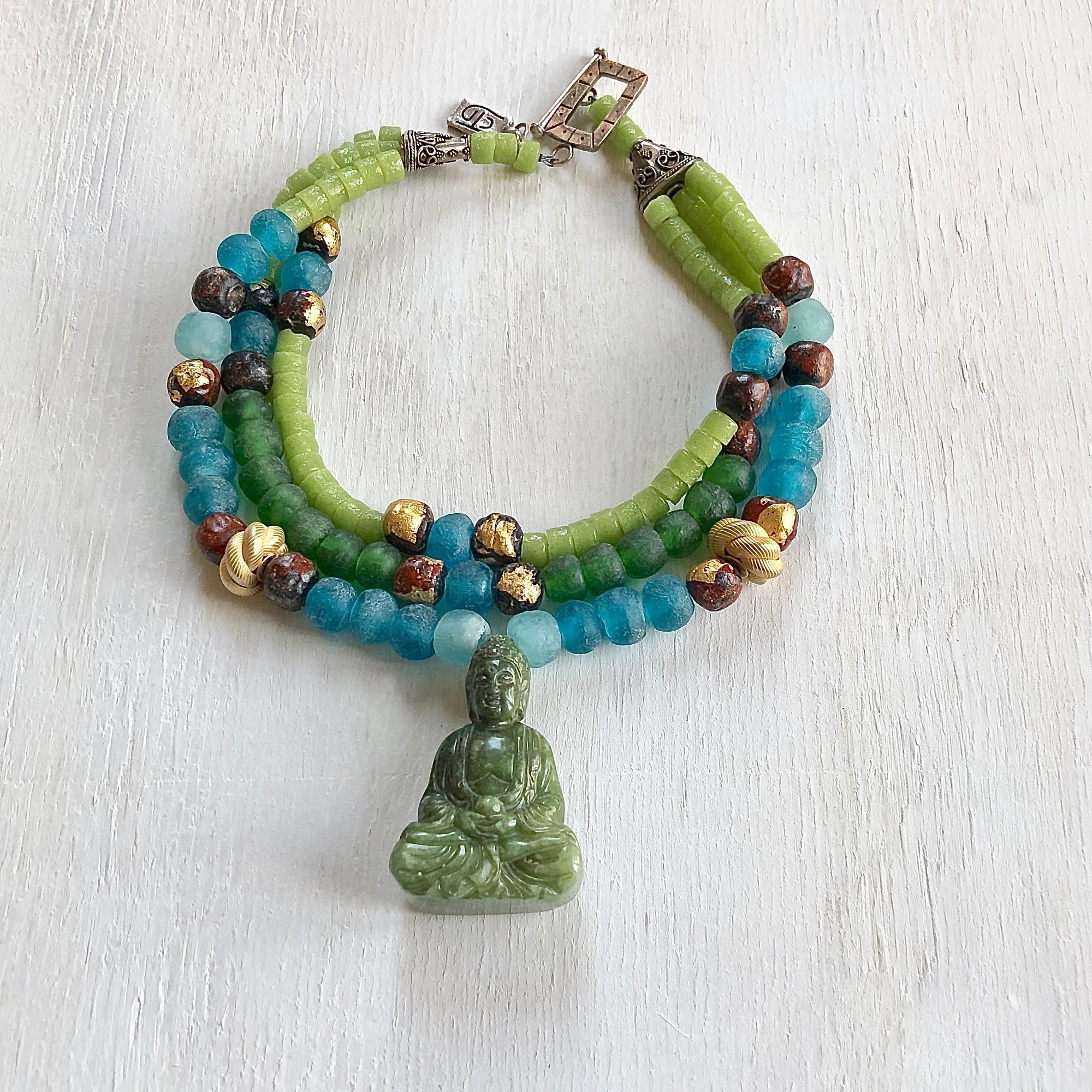 Jade Buddha nepalese mala beads silver necklace. Cristina Tamames Jewelry Designer