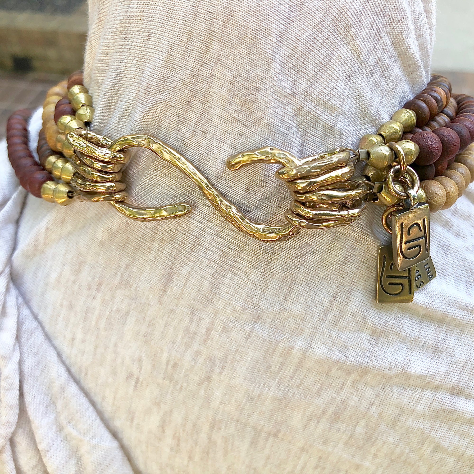 African recycled bottle beads brass Buddha double necklace