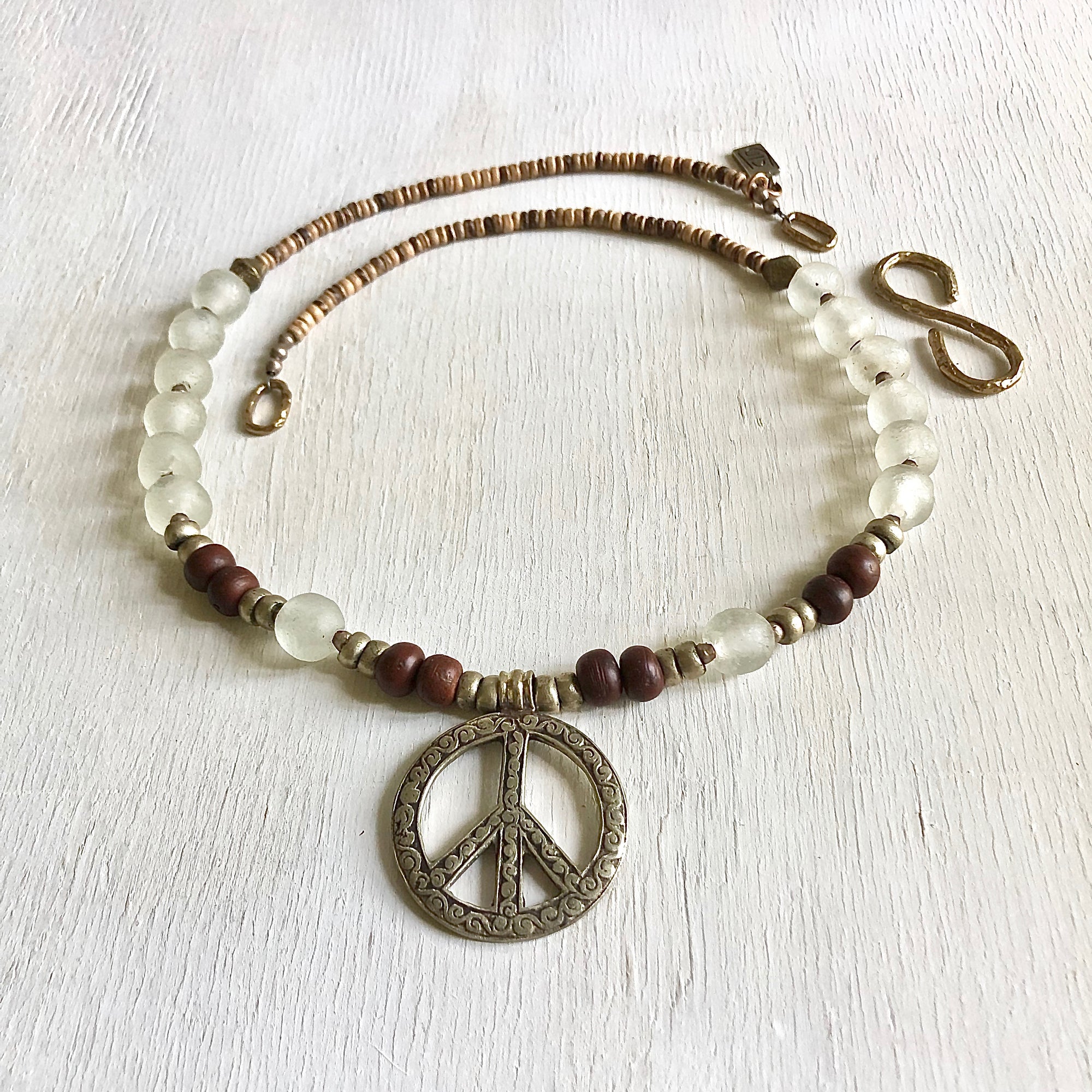 African recycled bottle beads peace double necklace. Cristina Tamames Jewelry Designer