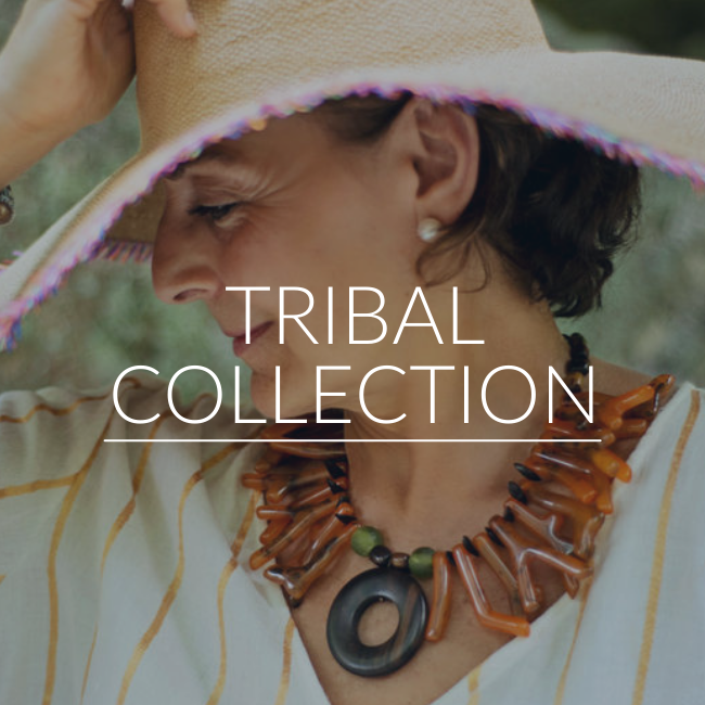 Designer wearing a tribal necklace. Cristina Tamames Jewelry Designer