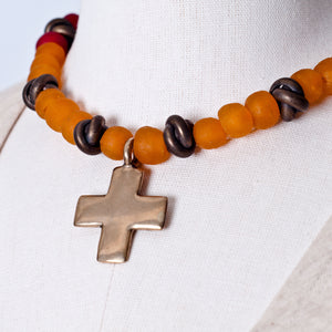 Bronze cross trade beads necklace. Cristina Tamames Jewelry Designer