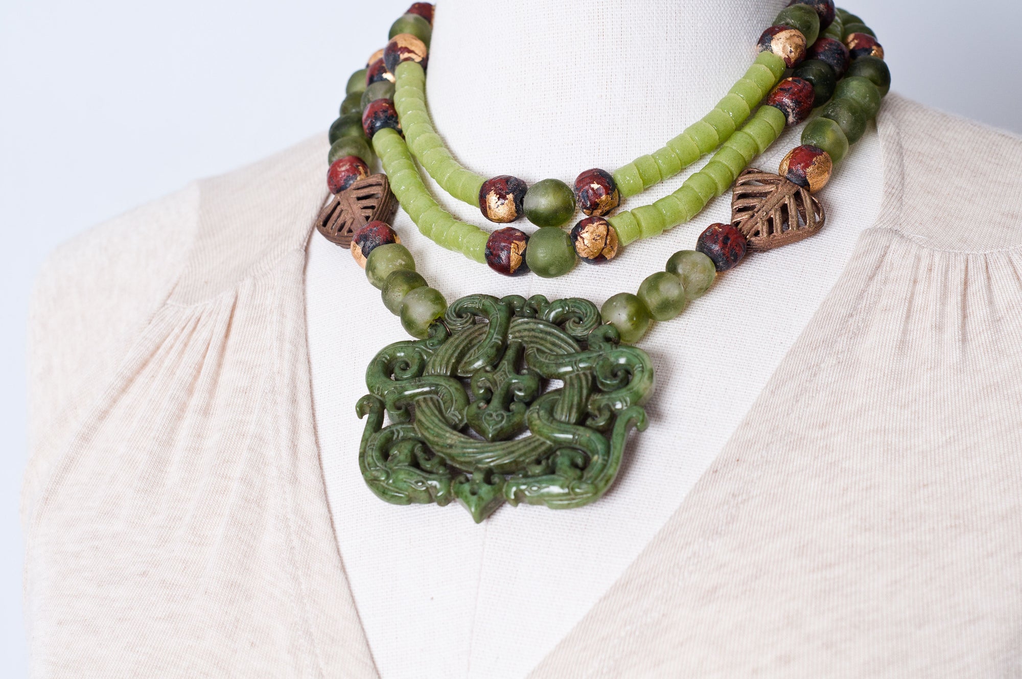 Jade trade beads silver toggle necklace. Cristina Tamames Jewelry Designer