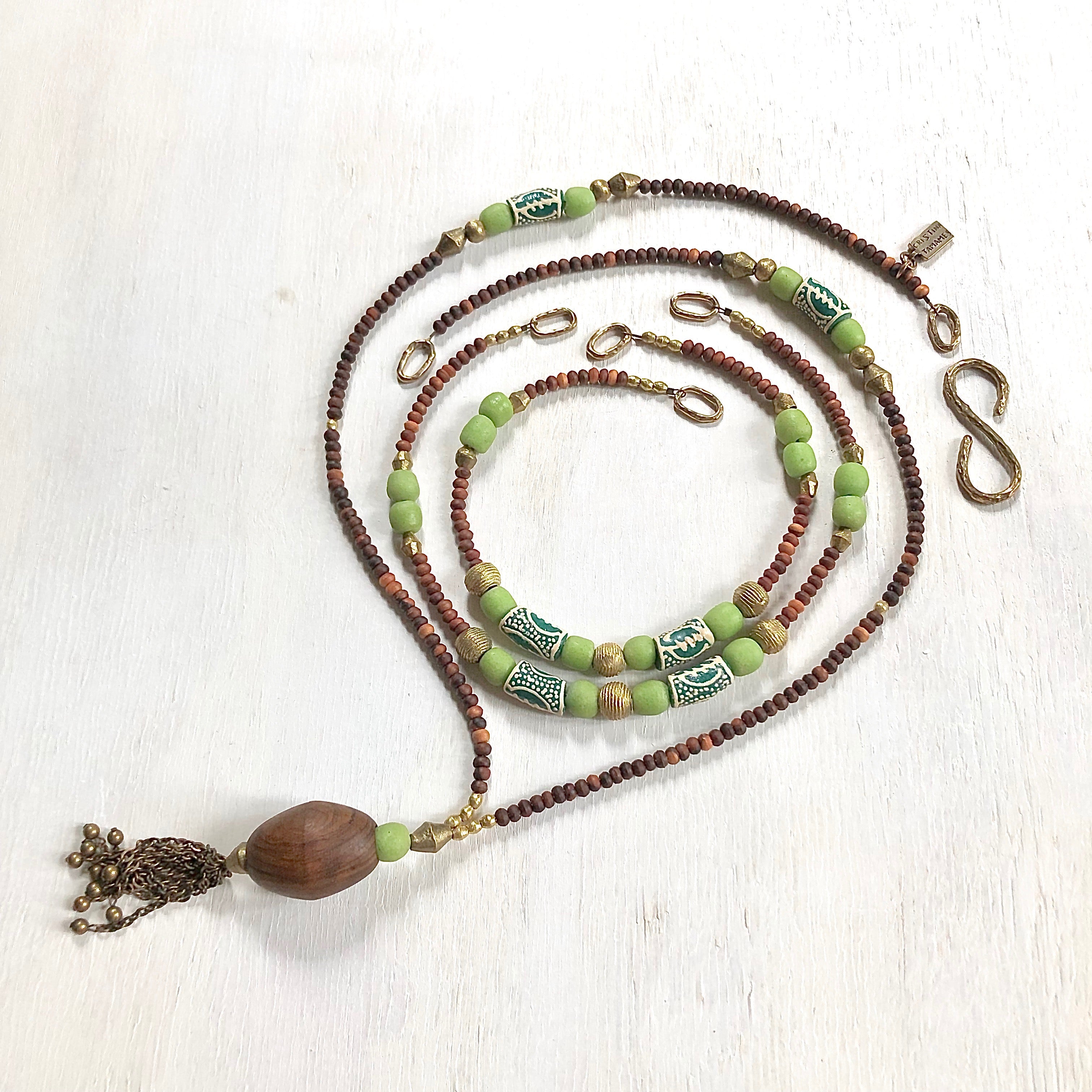 Hand painted green Adinkra African beads with vintage olive wood