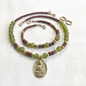 African recycled bottle beads brass Buddha double necklace. Cristina Tamames Jewelry Designer