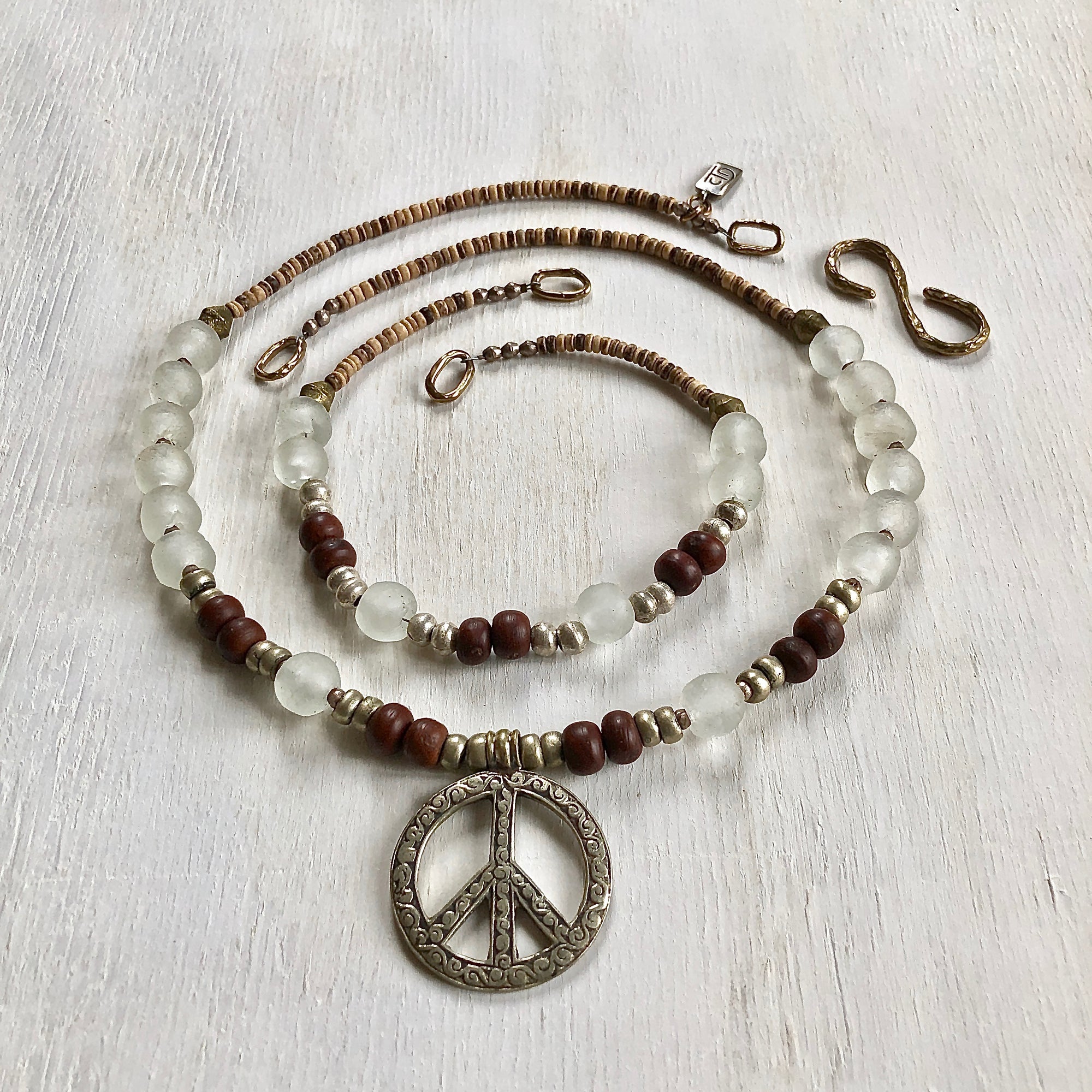 African recycled bottle beads peace double necklace. Cristina Tamames Jewelry Designer