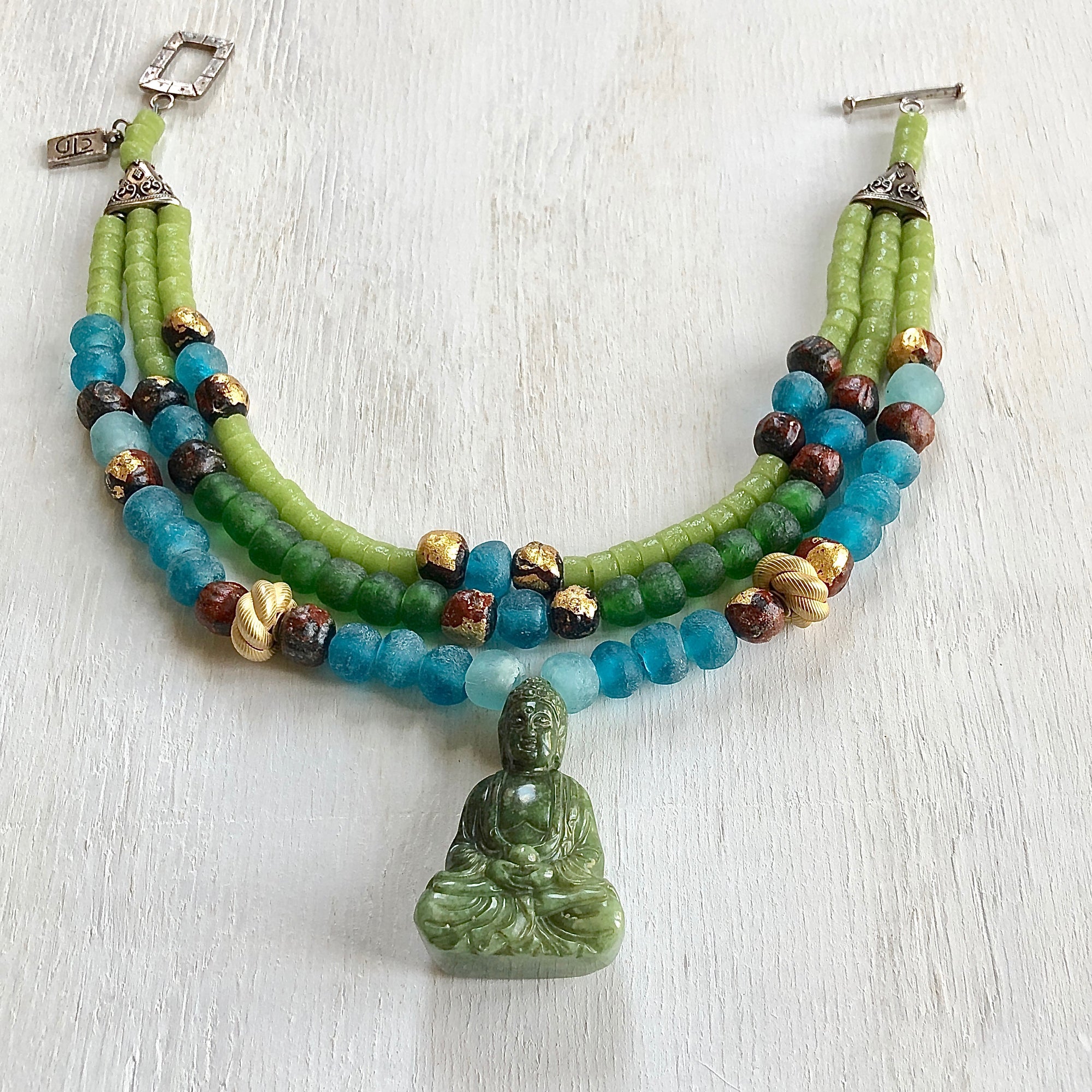 Jade Buddha nepalese mala beads silver necklace. Cristina Tamames Jewelry Designer