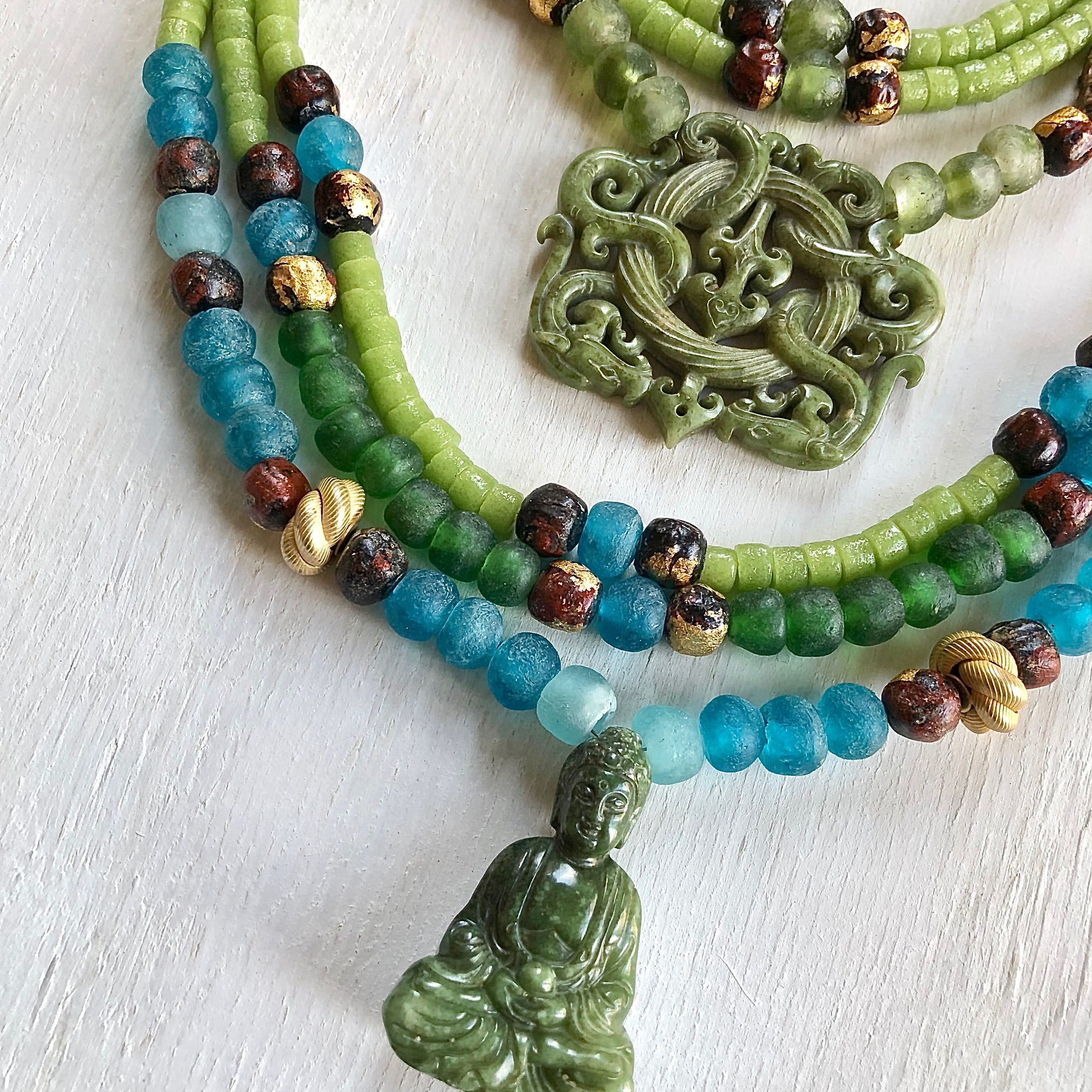 Jade trade beads silver toggle necklace. Cristina Tamames Jewelry Designer