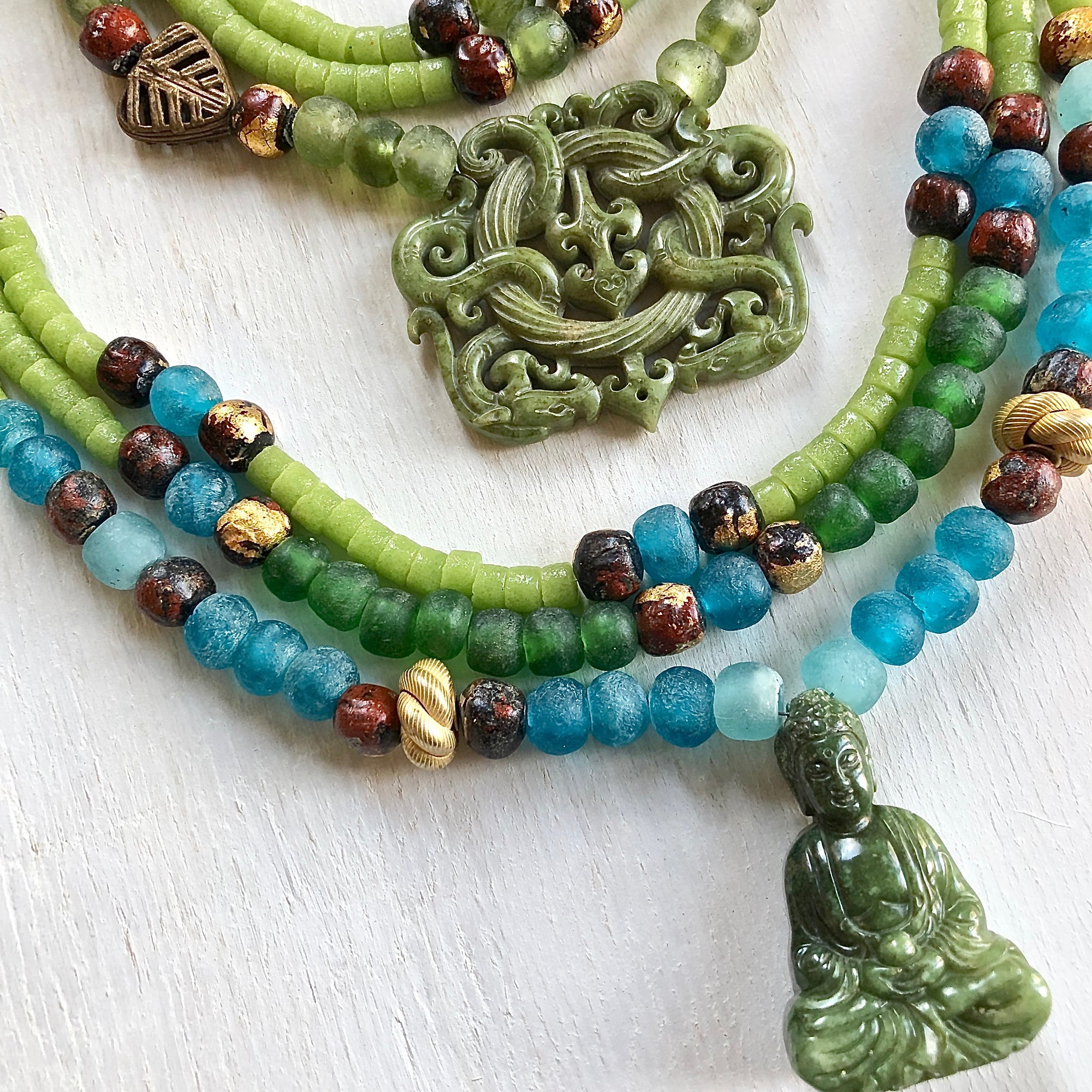 Jade Buddha nepalese mala beads silver necklace. Cristina Tamames Jewelry Designer
