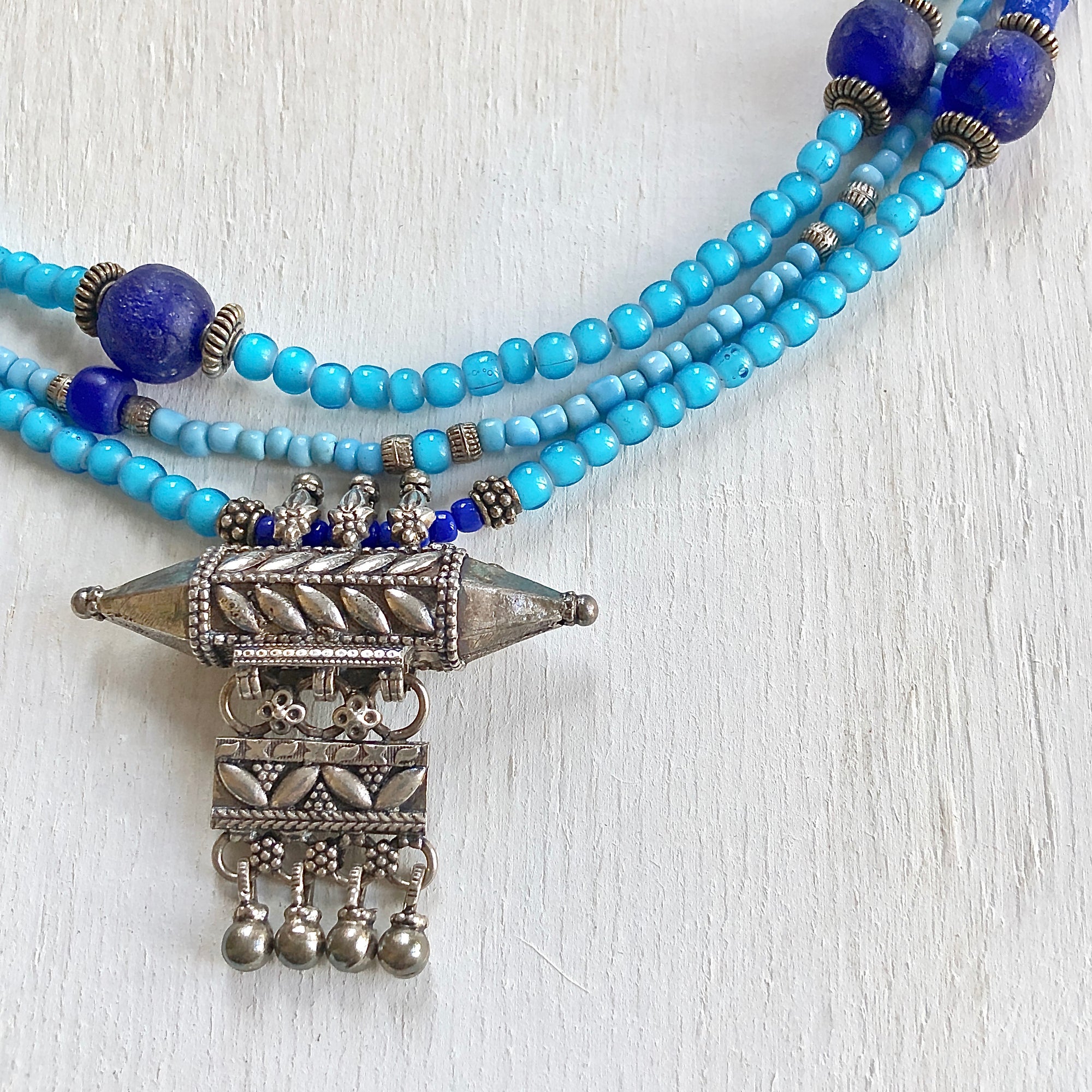 Blue trade beads silver necklace. Cristina Tamames Jewelry Designer