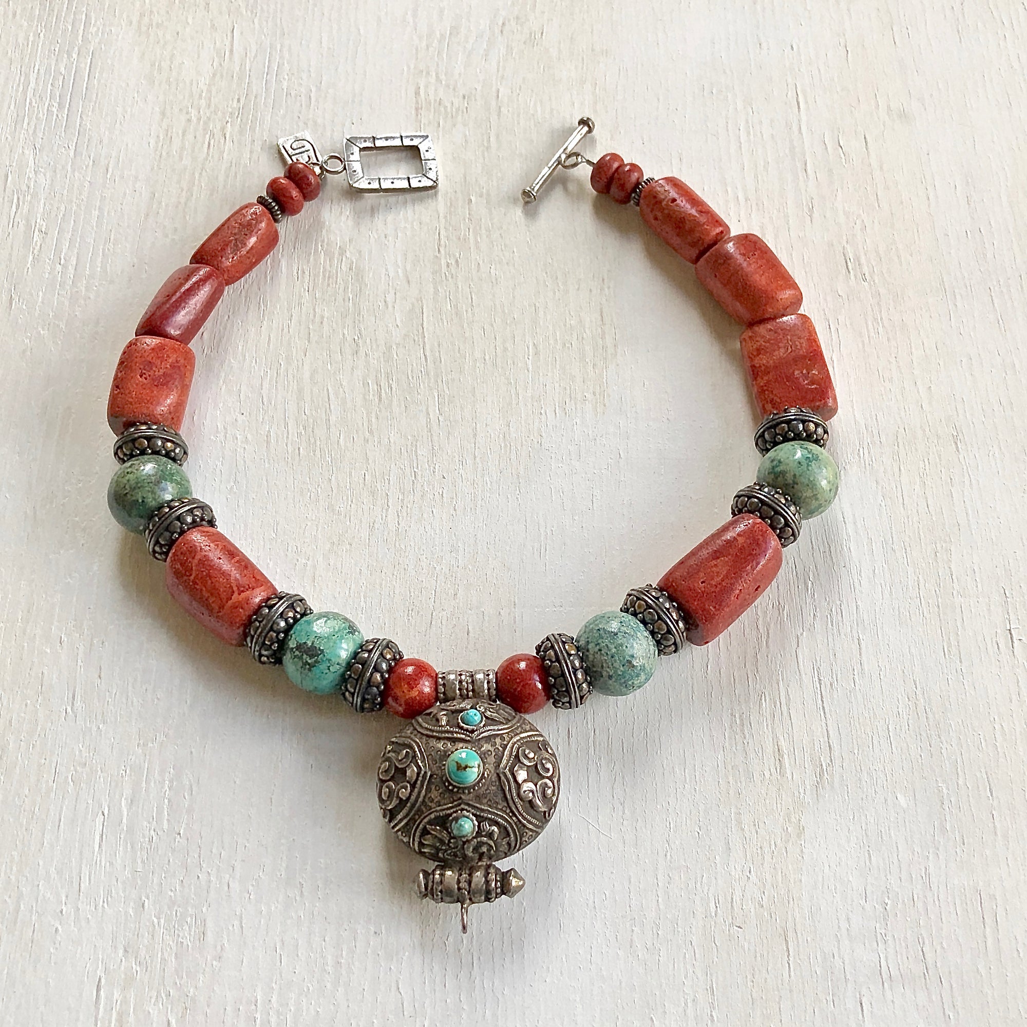 Turquoise coral silver ethnic necklace. Cristina Tamames Jewelry Designer