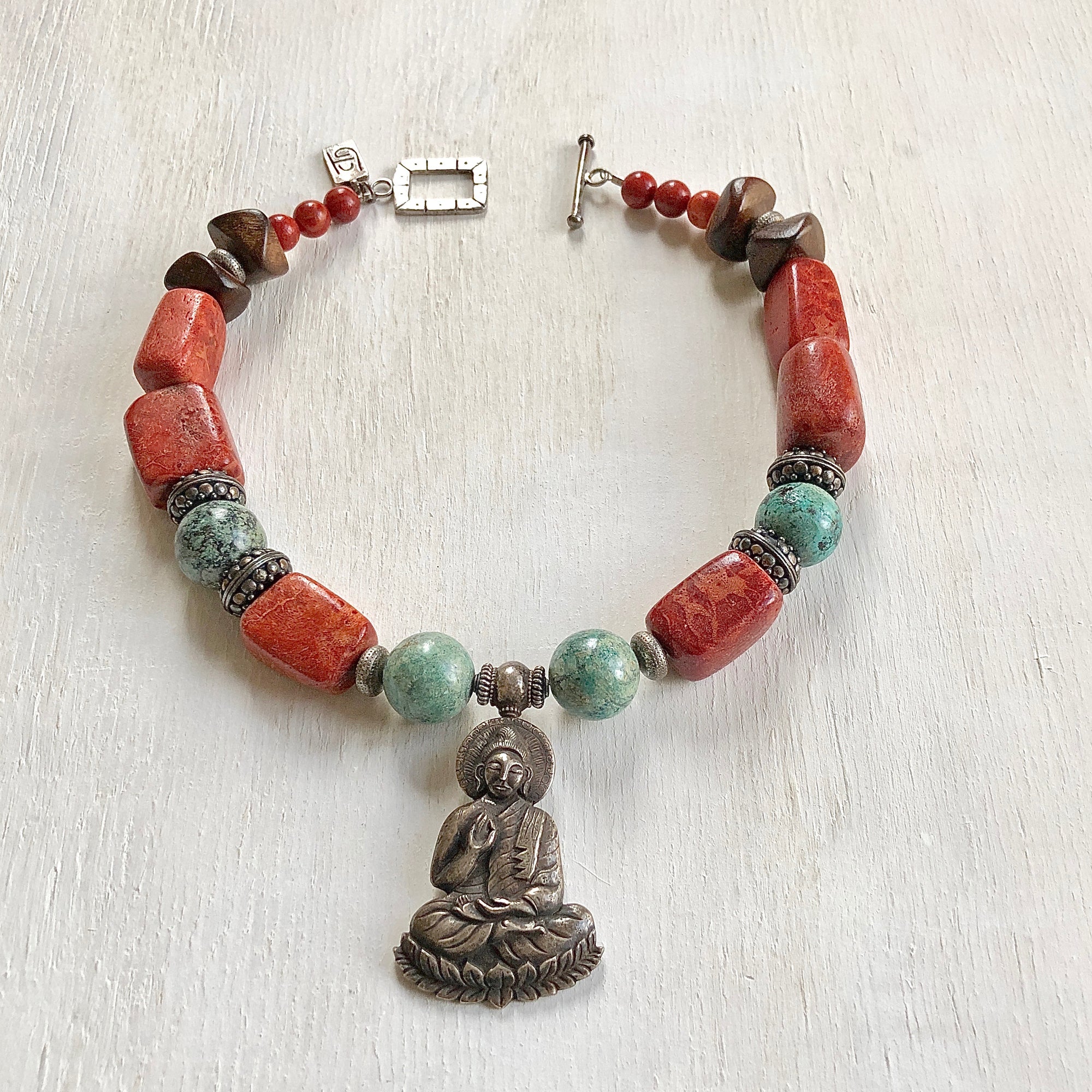 Turquoise coral silver ethnic necklace. Cristina Tamames Jewelry Designer