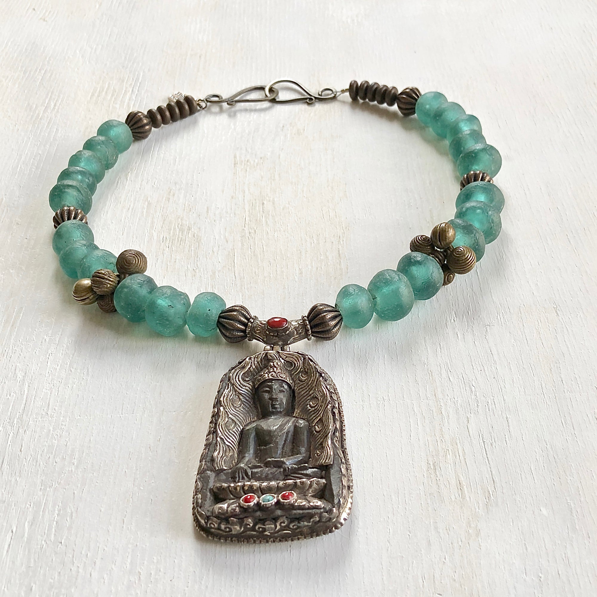 Nepalese Buddha African recycled beads necklace. Cristina Tamames Jewelry Designer