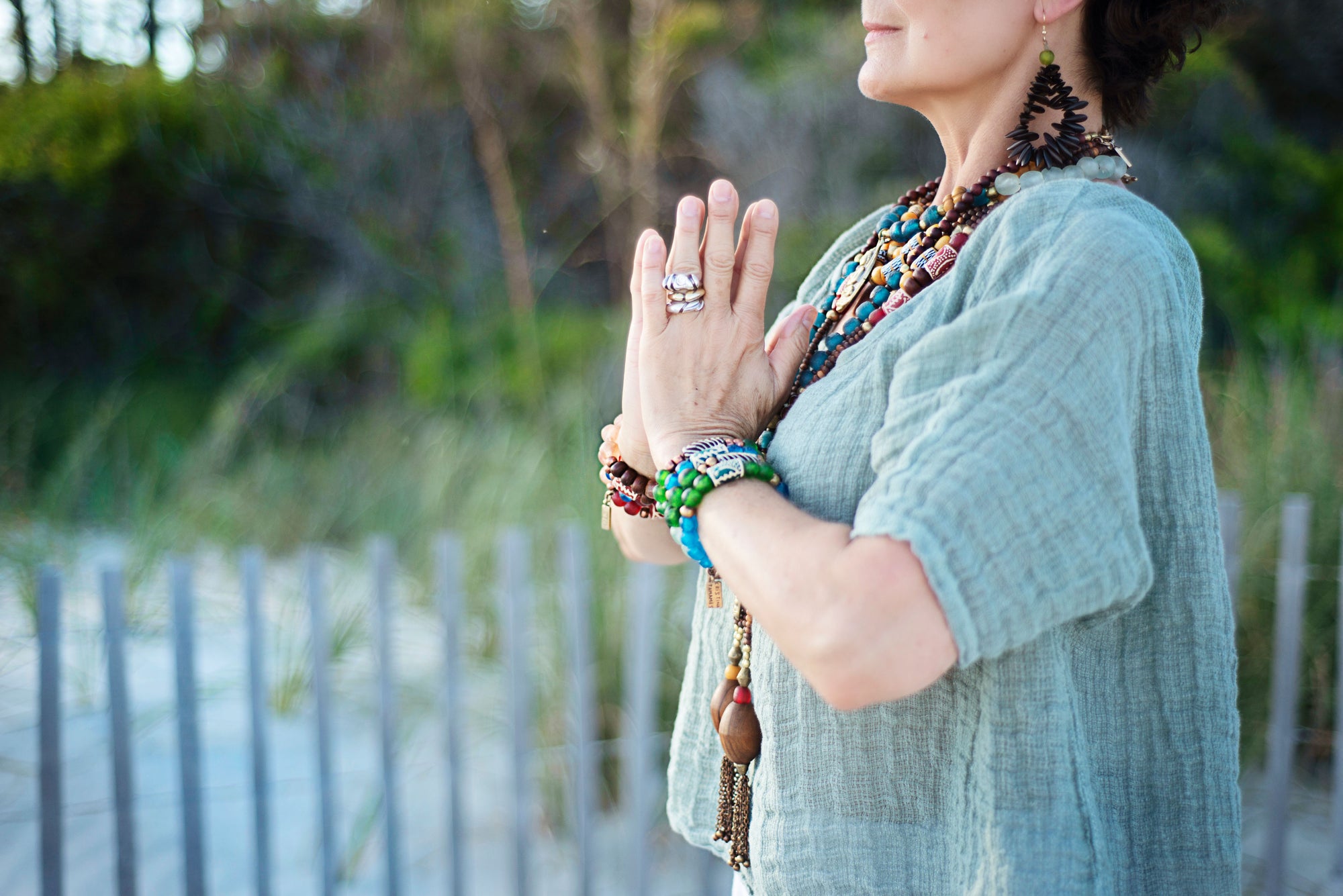 Hand painted red Adinkra African beads with vintage olive wood pendant long necklace. Cristina Tamames Jewelry Designer